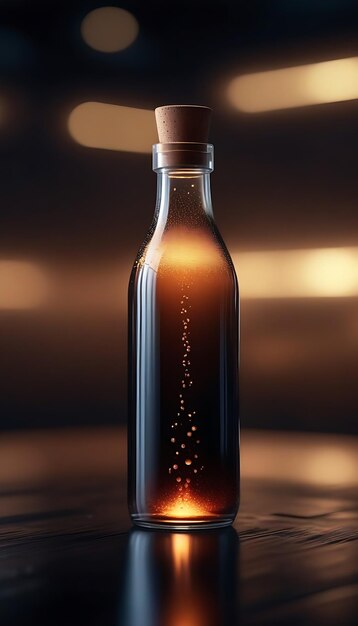 Dark glass bottle with single liquid drop generative AI futuristic background