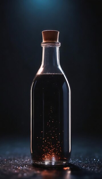 Dark glass bottle with single liquid drop generative AI futuristic background