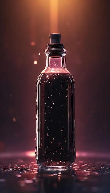 Бутылка из темного стекла с одной каплей жидкости, генеративный AI, футуристический фон