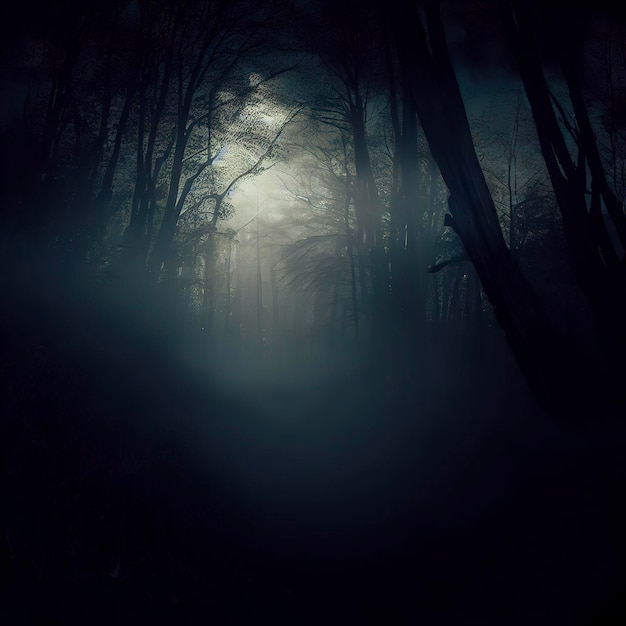 Dark gloomy forest Night in the forest Nature scene with forest and moonlight Night view of the forest nature fog smog smoke