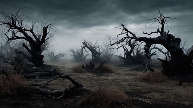 A dark, gloomy, gloomy, landscape with dead trees.