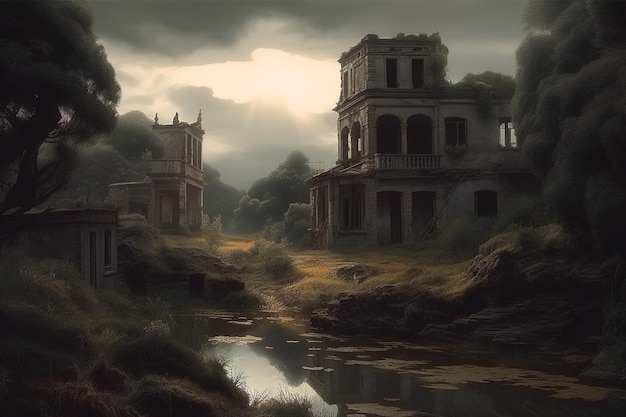 A dark gloomy landscape with a ruined building and a pond