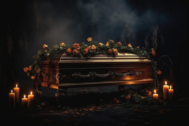 Dark and gloomy place with a wooden coffin candles and flowers