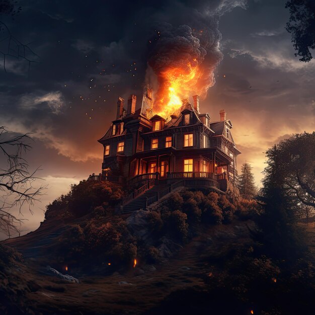 dark gloomy Victorian mansion is on fire on top of a hill Postcard template for Halloween