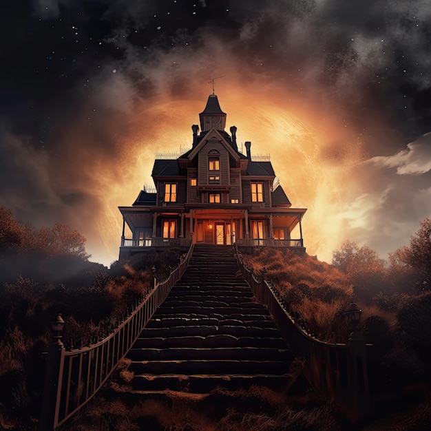 dark gloomy Victorian mansion is on fire on top of a hill Postcard template for Halloween