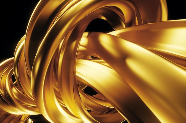 Темный золотой фон, абстрактная фигура, роскошные золотые формы, на черном фоне. Золотые волны, металлические линии, элегантный фон, геометрический дизайн. 3D визуализация, 3D иллюстрации.