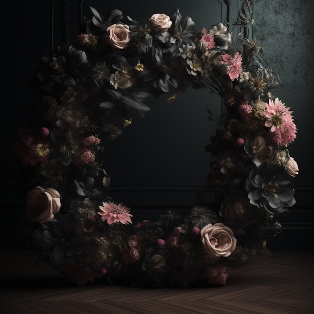 어두운 고딕 꽃 화환 장미 꽃 사진 프레임 사진 AI 생성 예술