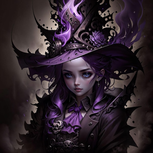 Темно-готическая фиолетовая панк-девушка в шляпе ведьмы с фиолетовым паром