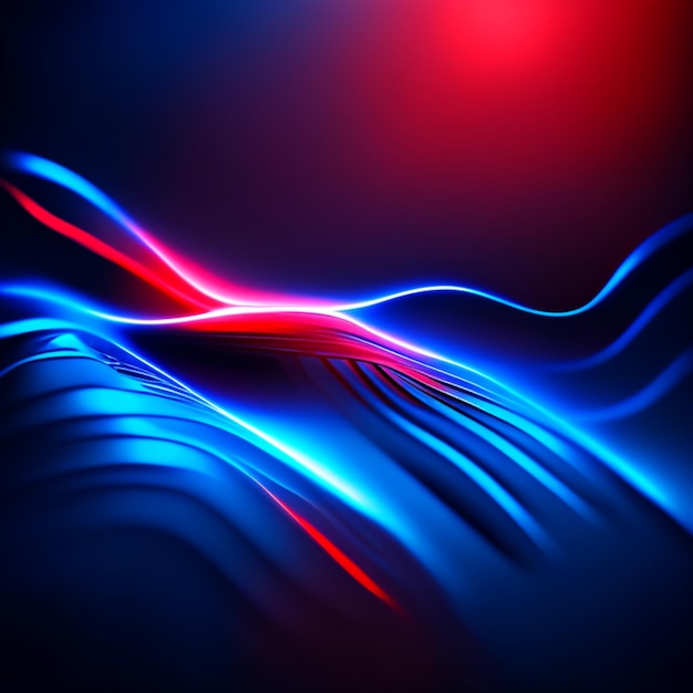 写真 赤と青の波状の線が流れる暗いグラデーション背景のデザインの壁紙