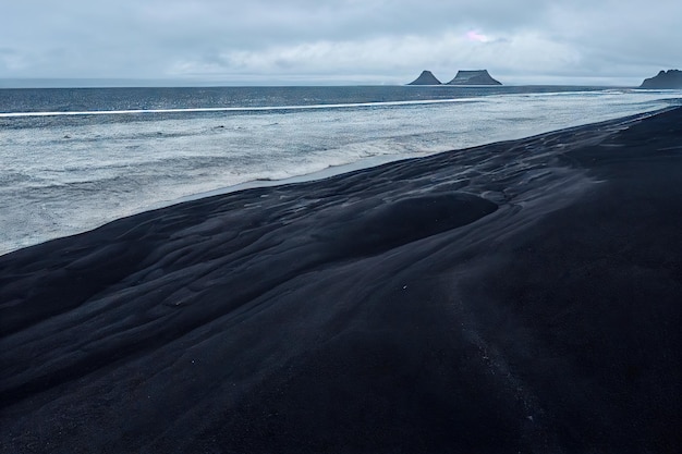 Dark gray landscape of deserted sandy shore of iceland beach