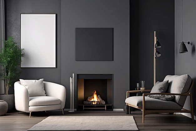 Dark gray living room interior with a vertical poster near a soft white armchair and a fireplace 3d