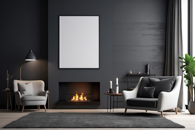 Dark gray living room interior with a vertical poster near a soft white armchair and a fireplace 3d