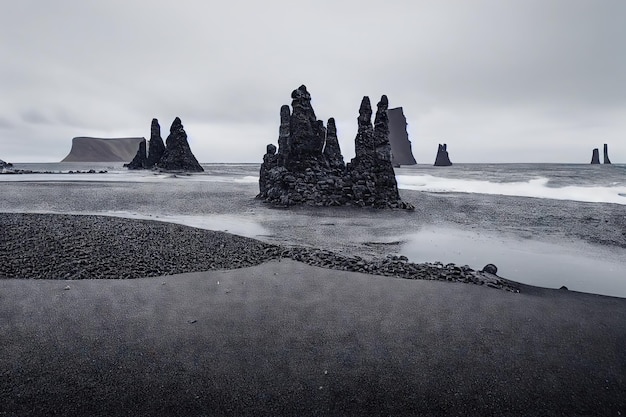 dark gray rocks on deserted shore of iceland beach