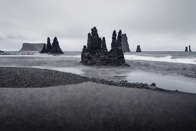 Dark gray rocks on deserted shore of iceland beach