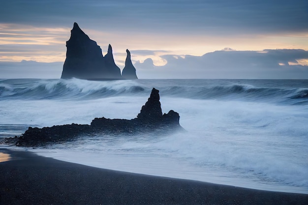 Dark gray rocks on deserted shore of iceland beach