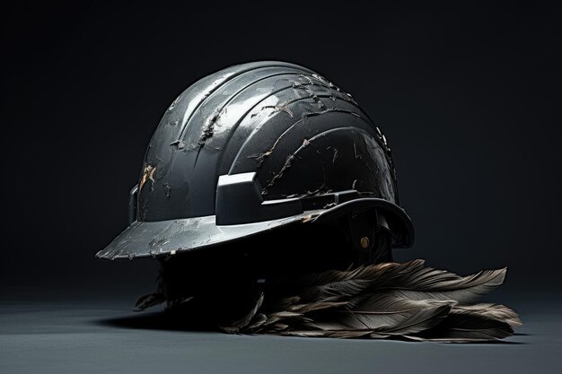 Dark gray safety helmet on feather