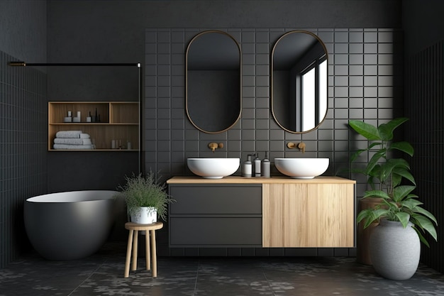 Dark gray tiled and wooden bathroom with two mirrors angular tub and sink and tiled floor mockup