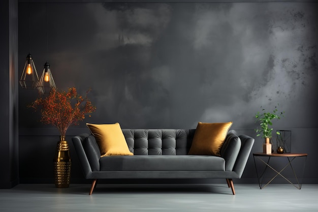 Dark gray velvet sofa against concrete panel wall