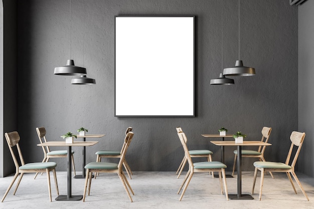 Dark gray wall cafe interior with a concrete floor, and wooden tables with chairs. Green sofas and a framed poster. 3d rendering mock up