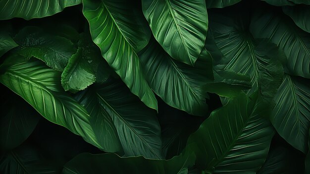 Dark green backdrop with tropical leaf leaves and abstract green leaf texture Generative AI