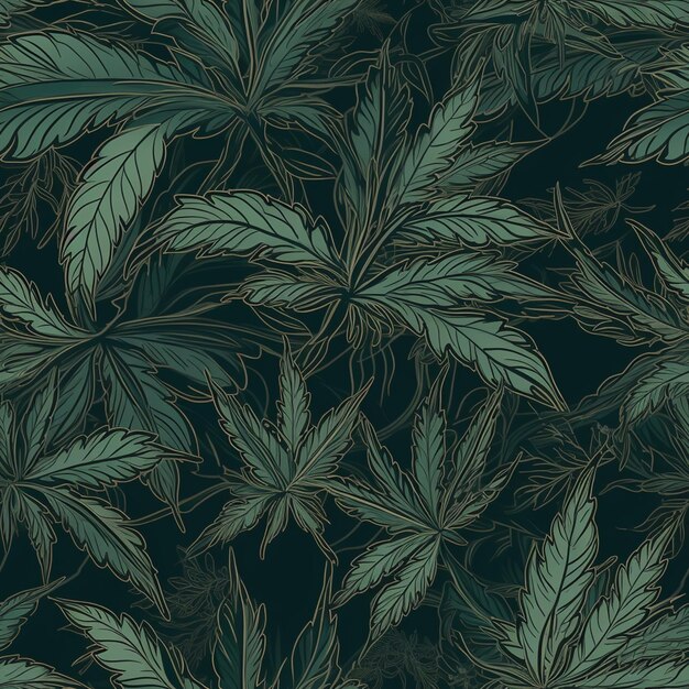 A dark green background with leaves and branches.