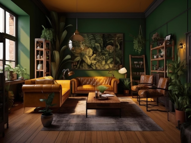 Premium Photo | Dark green bohemian living room with leather couch ...