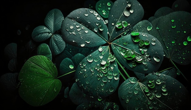 Dark green clover leaves wet with rain moody clover background Generate Ai