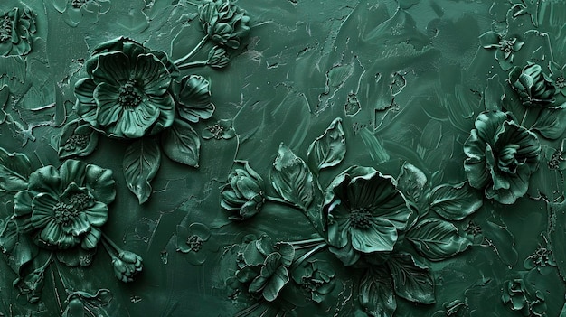 Dark green decorative texture of plaster wall with volumetric decorative flowers