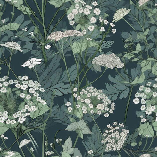 A dark green floral wallpaper with white flowers and green leaves.