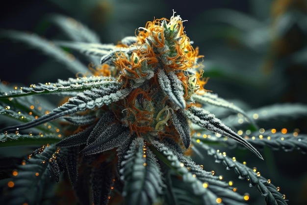 Dark green flowering cannabis bud with orange hair