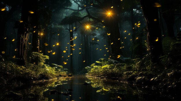 Dark green forest with many yellow fireflies