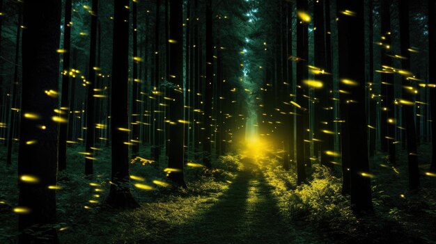 Dark green forest with many yellow fireflies