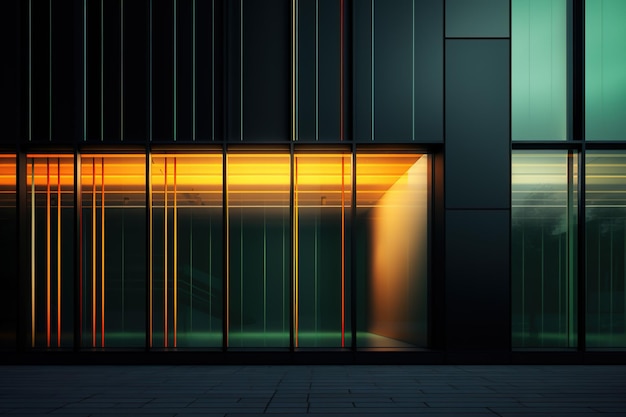 Dark green glass windows with orange lighting building exterior