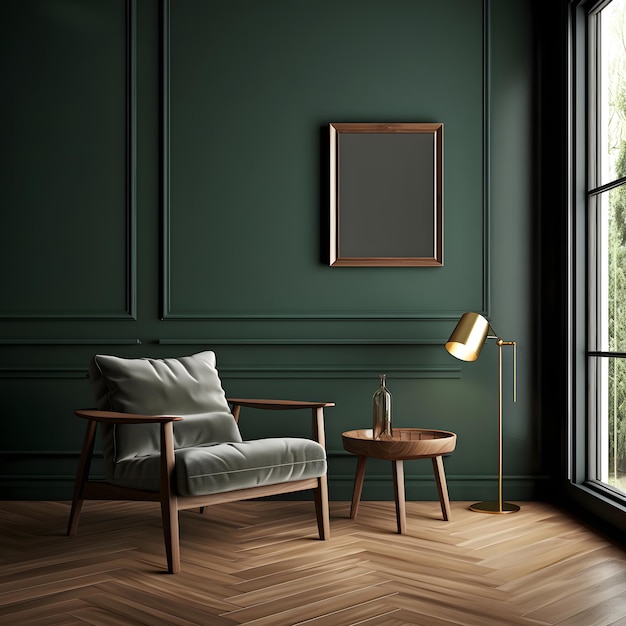 Dark green home interior with old retro armchair 3d render