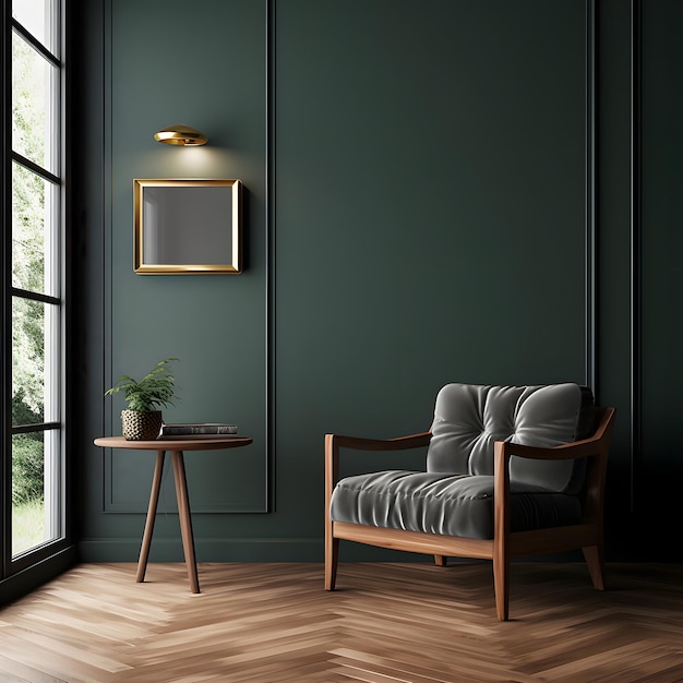 Dark green home interior with old retro armchair 3d render