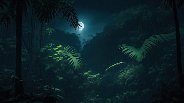 Photo the dark green jungle with moonlight