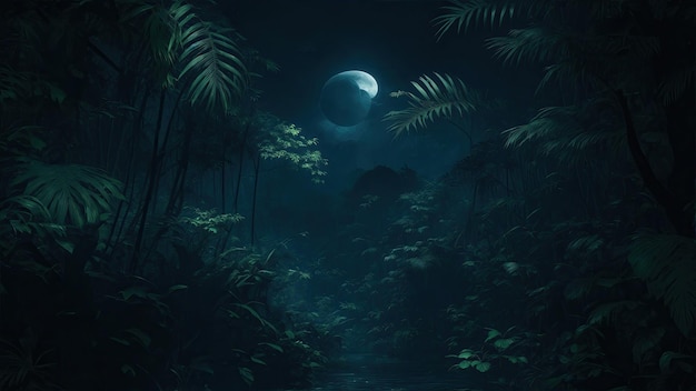 The dark green jungle with moonlight