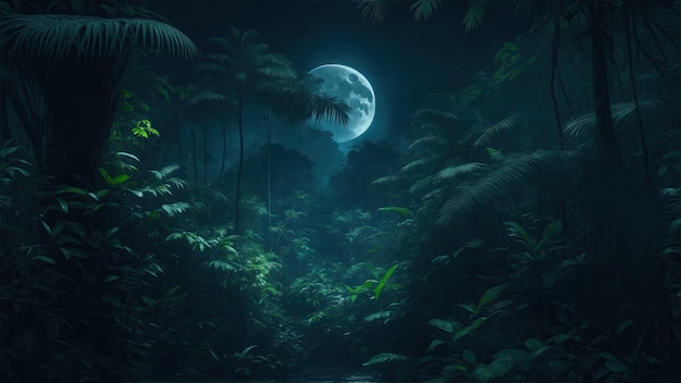 The dark green jungle with moonlight