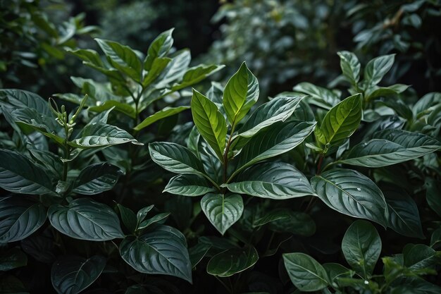 Dark green leaves in a garden represent the natural environment