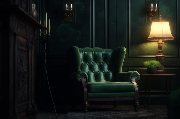 Dark green living room interior with armchair Generative AI