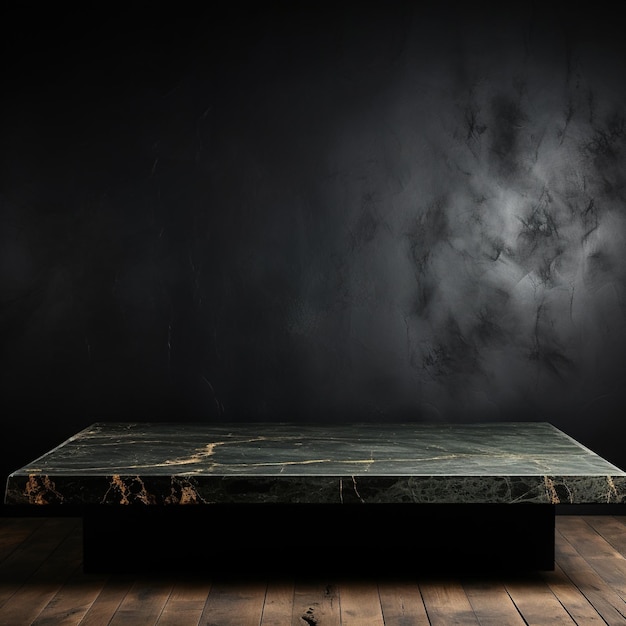 Dark green marble table on wooden floor with dark background