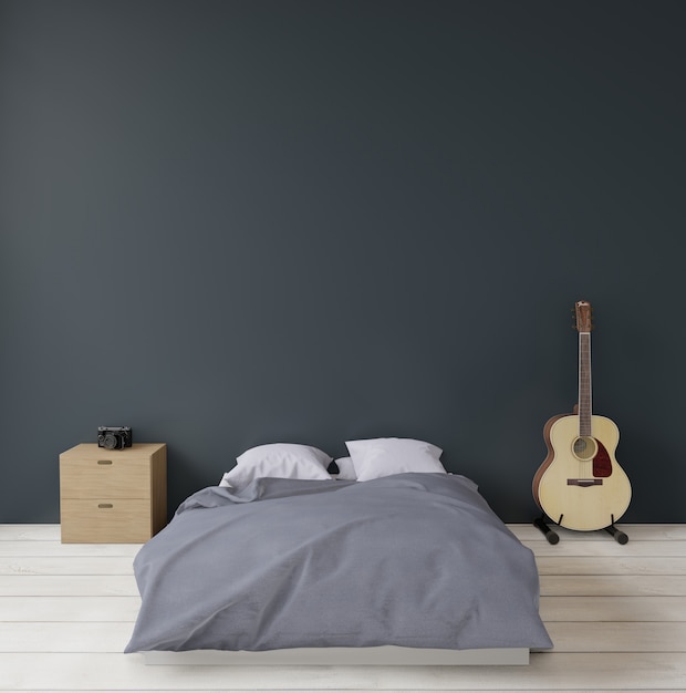 Photo dark green modern bedroom with guitar sideboard and camera