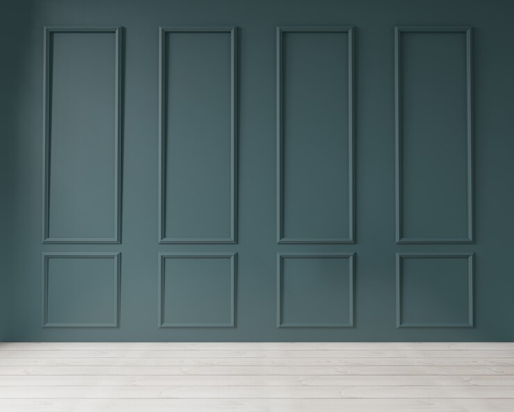 Photo dark green modern wall art deco style and wooden floor background