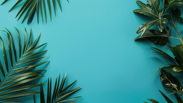 Dark Green Palm Leaves on Vibrant Blue Background