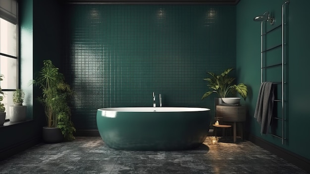 Dark green rustic bathroom wall mock up 3D render Bright color Generative Ai