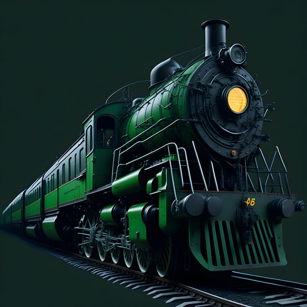 a dark green train with one lamp on the tracks