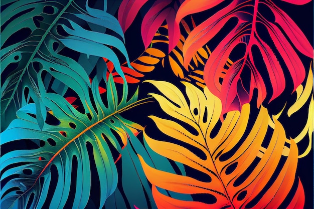 Темно-зеленые тропические листья, красочная неоновая подсветка, пальма манстера, генеративный AI