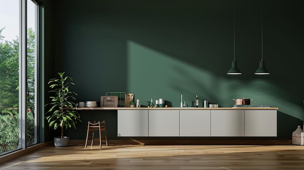 Foto modello di parete verde scuro per la cucina e interior design minimalista generativo aiai