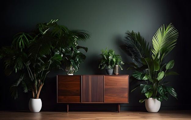 A dark green wall with plants on it and a wooden cabinet with a plant on it.