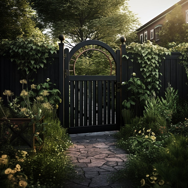 A dark green wooden fence with an arbor over a gate leading to a small garden